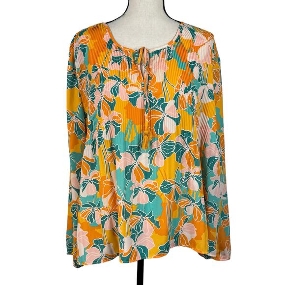 DR2 Tops - DR2 X-Large Top Floral Accordion Pleats Long Balloon Sleeve Lightweight Keyhole